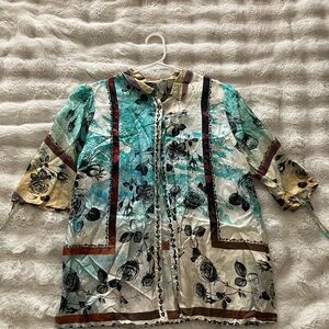 Johnny Was Silk Garment with Red and Black Accent Button